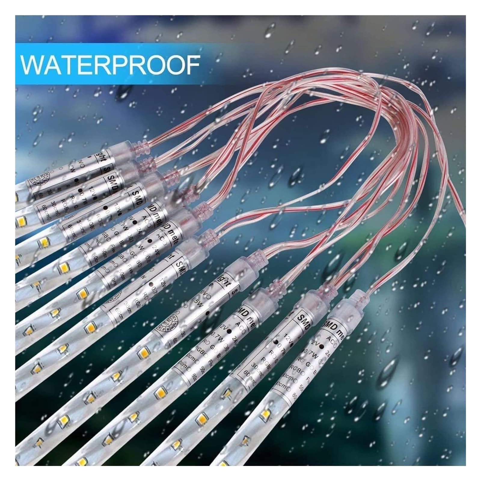 Luces de cadena Meteor Shower Lights， 50 cm, 10 tubos, 480 LED, luces decorativas de lluvia de carámbanos, carámbanos, gotas de lluvia for fiestas, bodas, jardines, Navidad(White,50cm 10 Tubes 480 LED