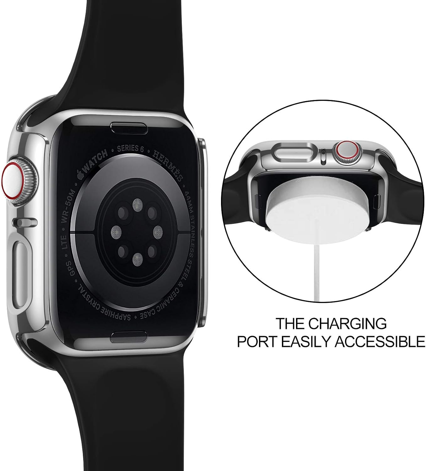 ZEBRE Hard PC Case with Tempered Glass Screen Protector Compatible with Apple Watch Series 6 SE Series 5 Series 4 44mm (Black/Silver)
