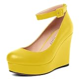AMBELIGHT Women's Evening Round Toe Wedge Dress Platform Matte Solid Ankle Strap Buckle High Heel 4 Inch Pumps Shoes Yellow Size 10.5 - Zapatos Elegantes para Mujer