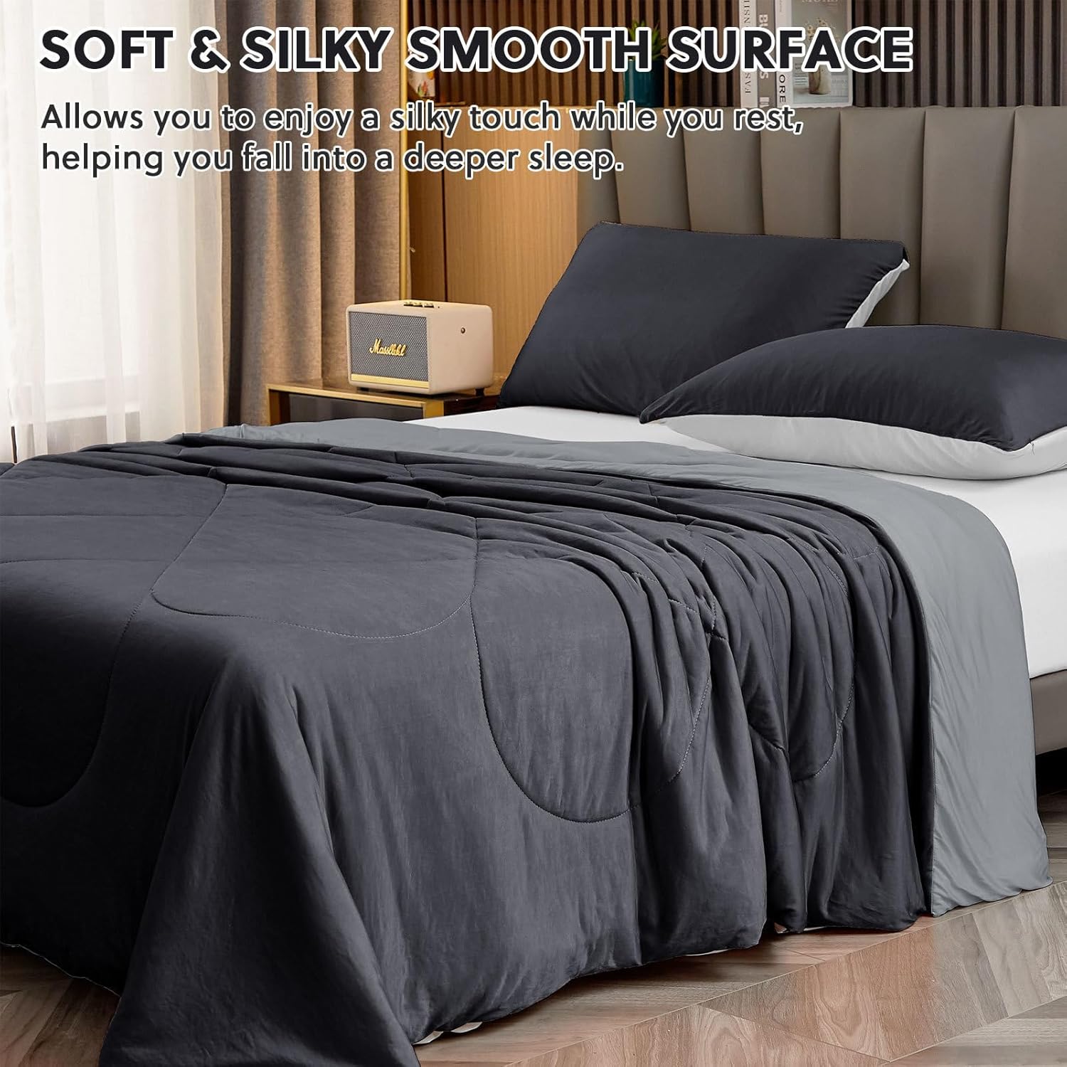 HOMFINE Cooling Comforter Queen Size, Black Summer Cooling Blanket for Hot Sleepers and Night Sweats, Japanese Double-Sided Cold Tech Fabric Q-Max 0.45, Soft Breathable Silky Smooth Lightweight - Image 5