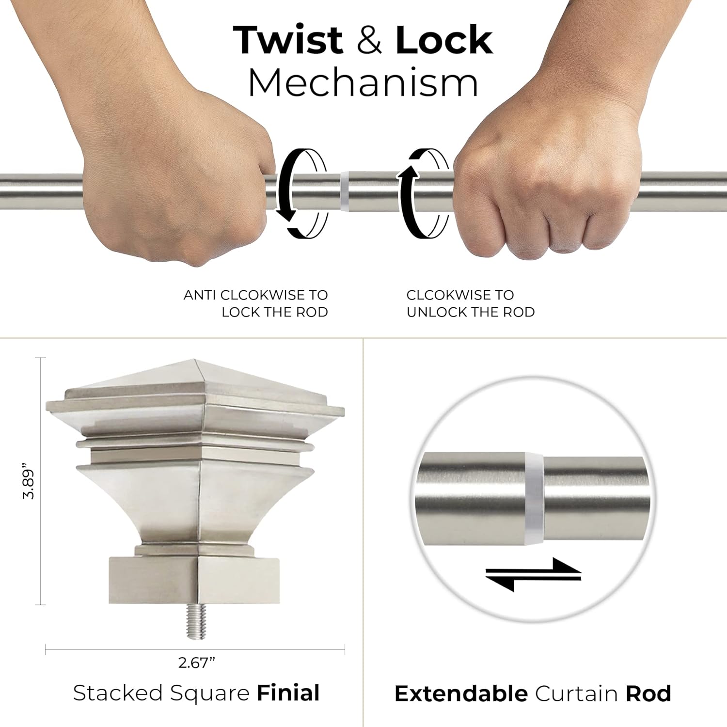 Deco Window 1 Inch Adjustable Satin Silver Curtain Rod for Windows & Doors Curtains with Square Finials & Brackets Set - 36 to 66