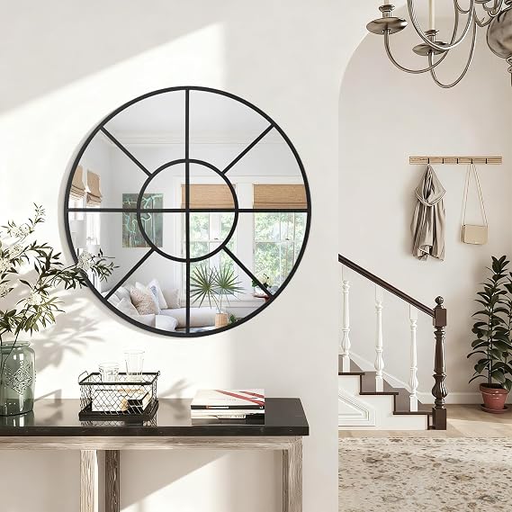 Round Wall Mounted Mirror, Circle Metal Framed Mirror Modern Artistic Decorative Mirrors for Living Room Bedroom Entryway 60 CM Decor