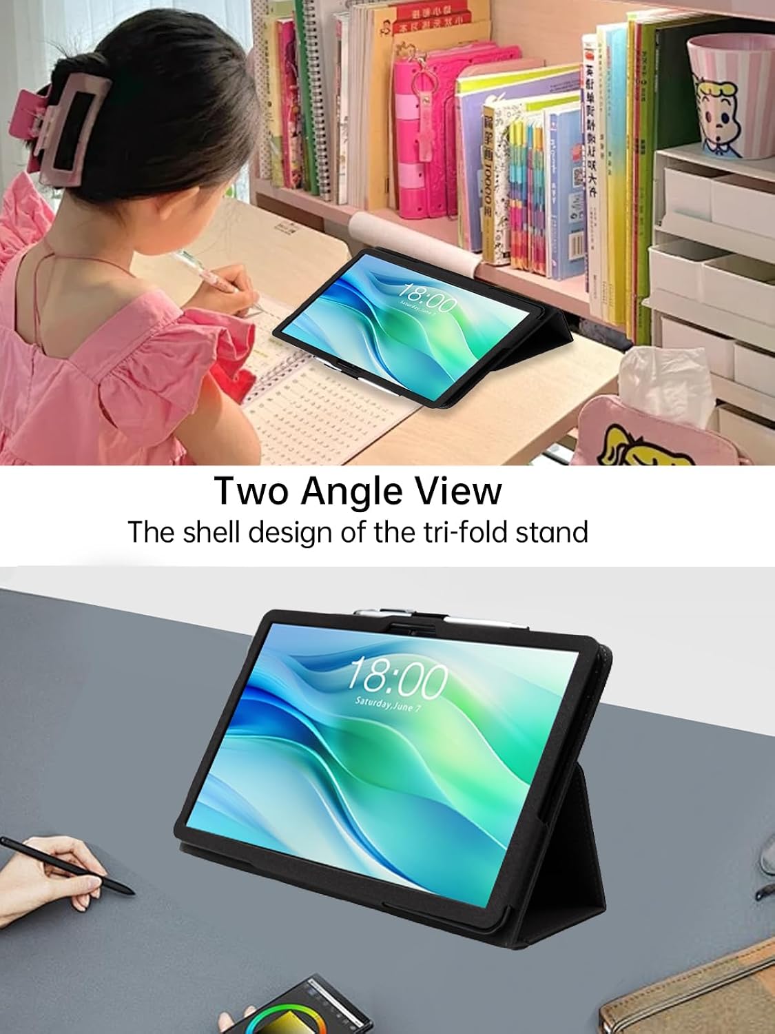 Tablet case folded into two different stand angles: a steeper 65-degree viewing angle and a shallower 30-degree typing angle.