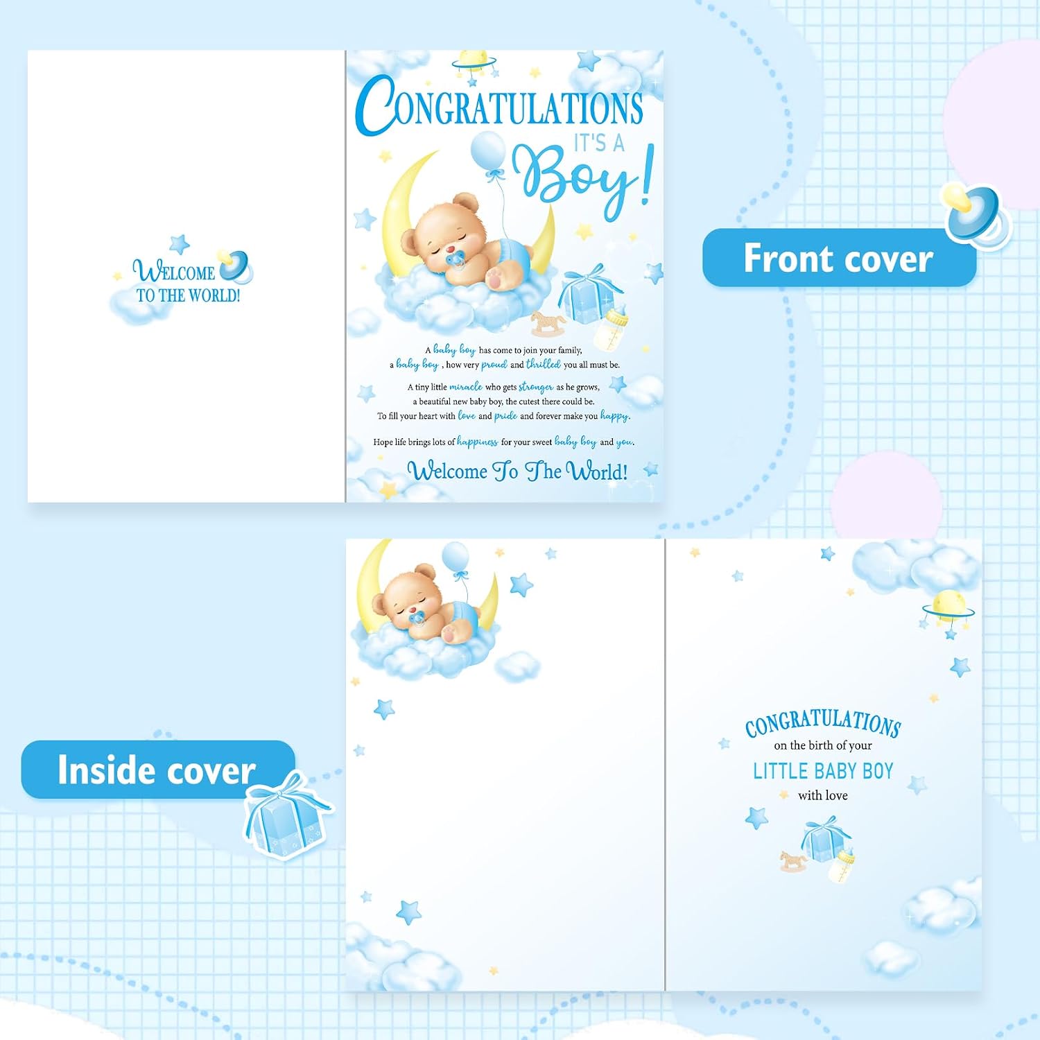 HOWAF New Baby Boy Card, New Boys Card for Birth of Boy, Newborn Boys Cards with Acrylic Hanging Keepsake for Baby Shower Babys Gifts, Newborn Babys Gifts, Congratulations Infant Cards