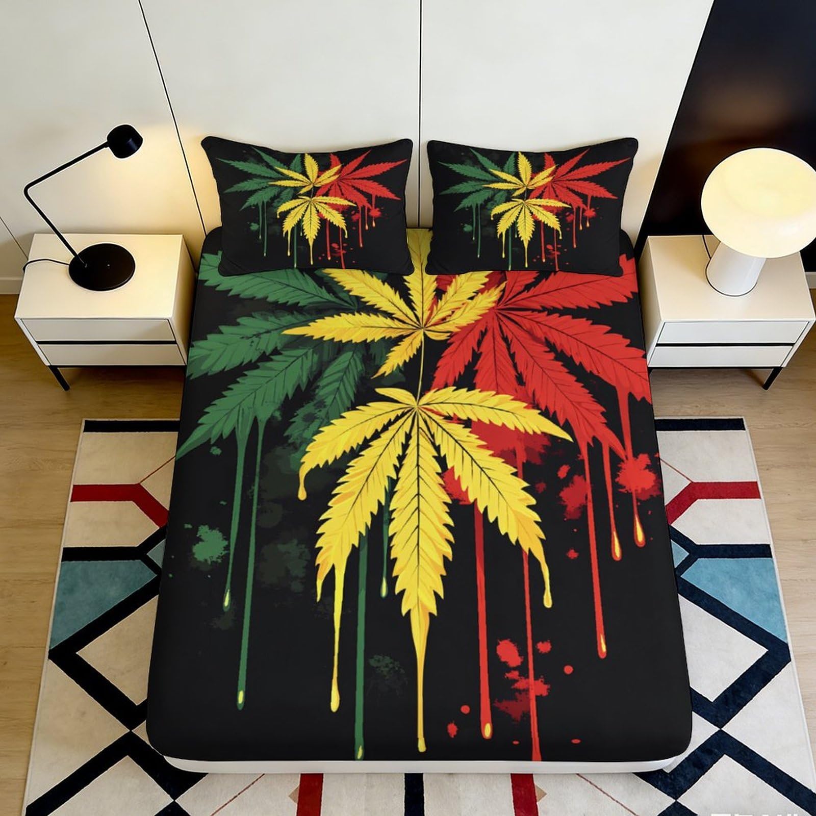 3D Printed Reggae Leaf Fitted Sheet Microfiber Anti-Slip Bed Cover Dorm Bedroom Decor Machine Washable for Adults 90x200x25cm