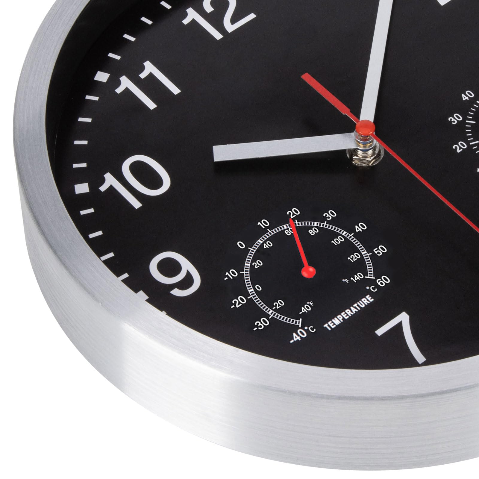 Funkuhr Wanduhr mit Thermometer und Hygrometer Funkwanduhr Lautlos Edelstahlrahmen Wanduhren Batteriebetrieben für Küche, Wohnzimmer, Schlafzimmer, Büro, 25x25cm, Aktualisierte Version