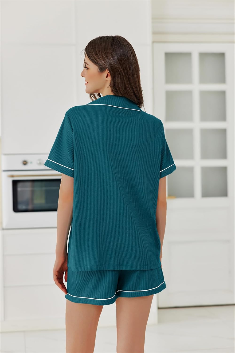 Ekouaer Womens Waffle Knit Pajama Sets Soft Short Sleeve Button Down Sleepwear Cozy 2 Piece Pjs Shorts Set - Image 3