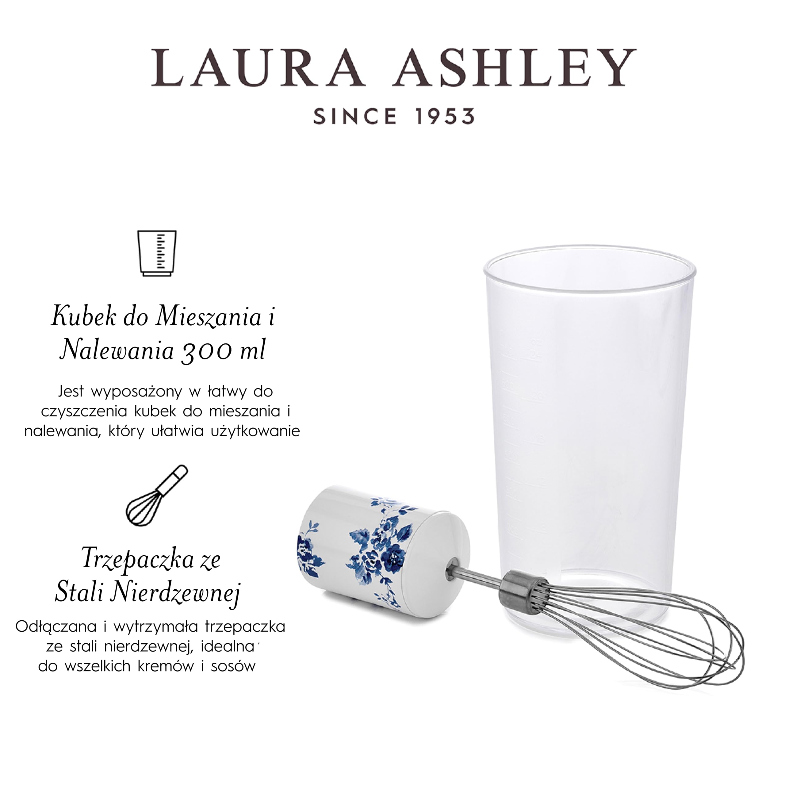 Laura Ashley Elektryczny Blendery Ręczne o Mocy 600 W z Nadrukiem China Rose firmy VQ - Hand Blender 4 w 1 z Ostrzami ze Stali Nierdzewnej, Trzepaczką i Kubkiem do Mieszania o Pojemności 300 ml