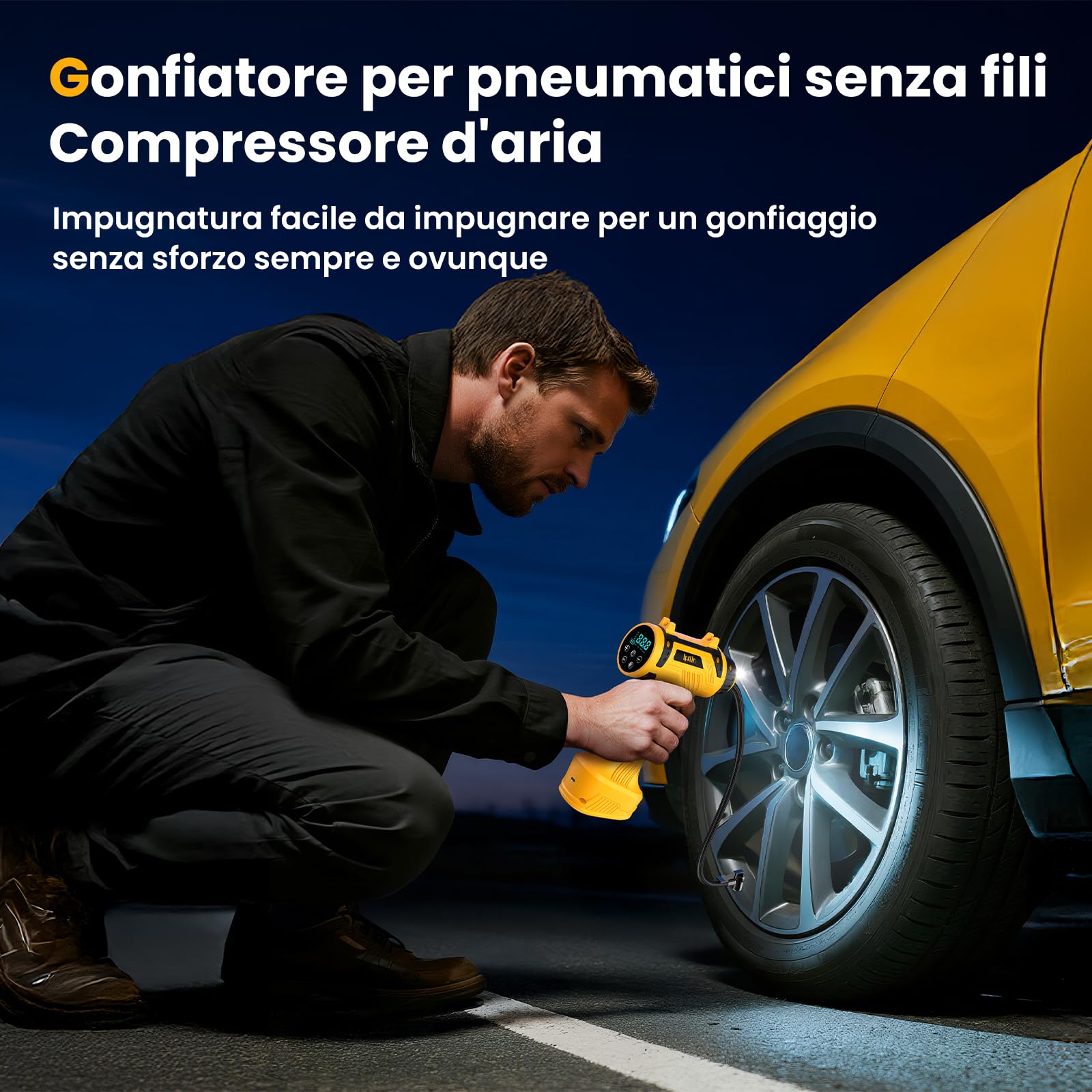 Compressore Aria Portatile Senza Fili – 150PSI 22L/Min Gonfiatore Pneumatici per Auto, Batteria Ricaricabile con Spegnimento Automatico, Display LED e 4 Modalità: Auto/Bici/Moto/Palloni