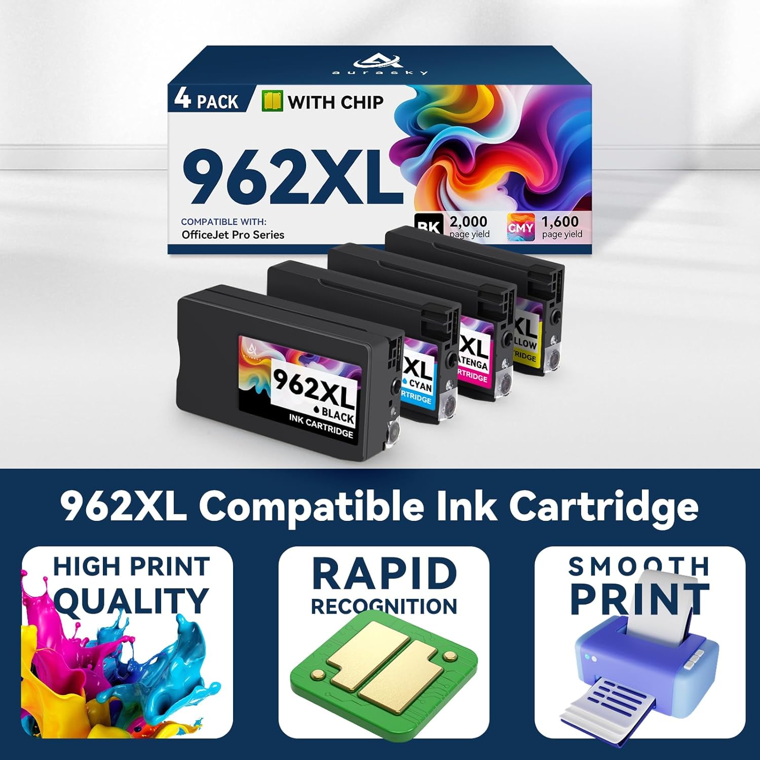 962xl Ink cartridges Compatible for HP 962 XL HP962XL Ink Combo Pack Work with HP Office Jet Pro 9010 9010e 9015e 9018e 9020 9020e 9025 9025e Series (4 Pack kcmy)