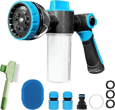 Dog Wash Hose Attachment,Hose Nozzle with Soap Dispenser | 10-in-1 Spray Mode Pet Shower Soap Sprayer with Grooming Comb Rubber Brush, for Watering, Car Wash, Pet Showering Blue