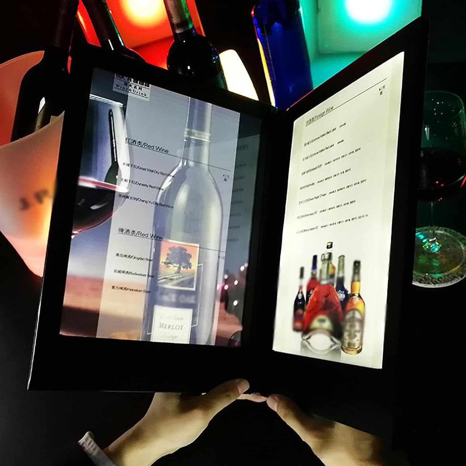 Libro de Menú Iluminado LED, Cubierta de Menú con Encendido Automático por Sensor y Visualización a Doble Cara de 15 x 22 cm - Carpeta Expositora de Menús en Cuero PU para Bar, Pub, Café y Restaurante