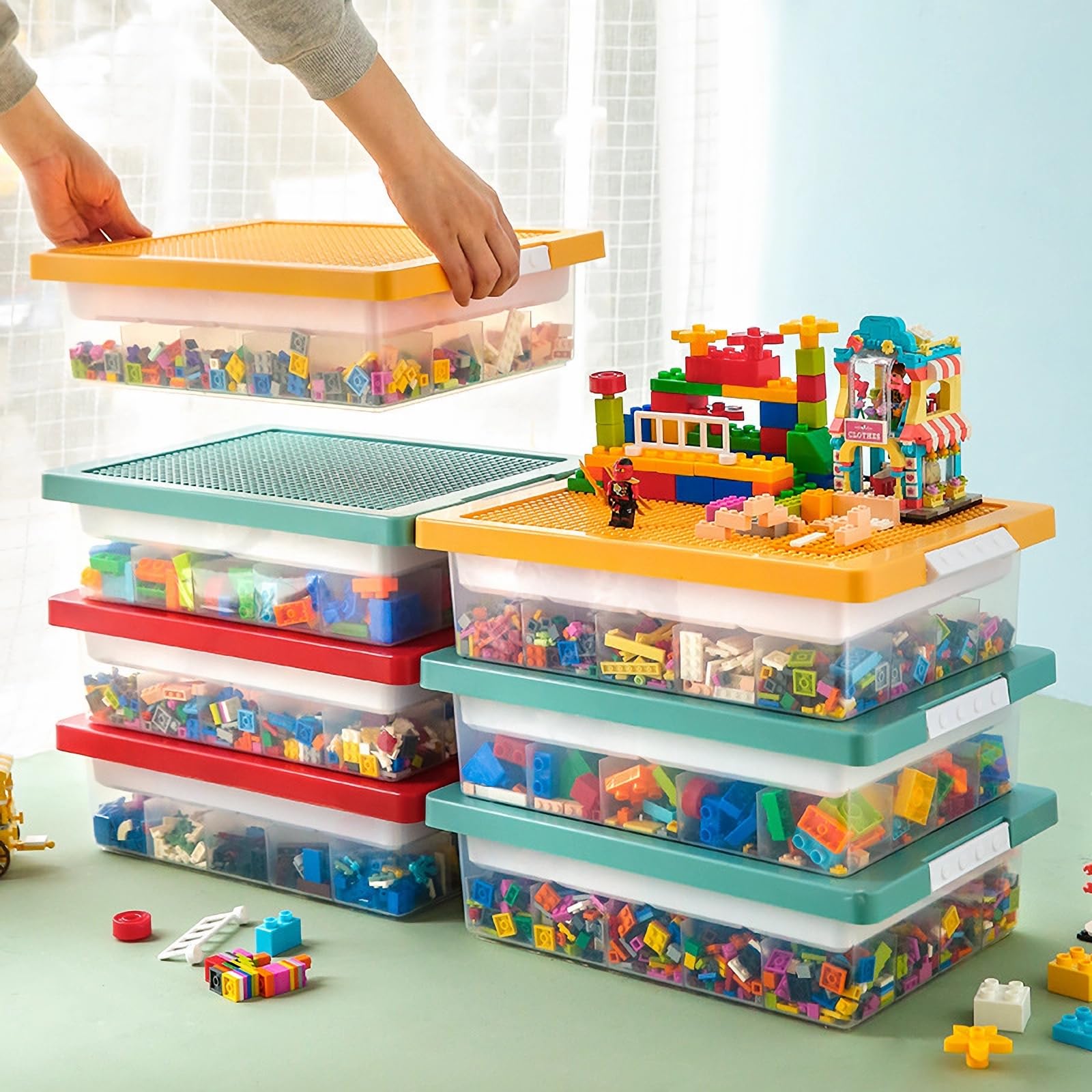 Organizer do przechowywania zabawek Lego, pudełko do przechowywania zabawek z pokrywką płyty budowlanej i zdejmowaną tacą, do przechowywania klocków, plastikowe pojemniki organizujące do układania w