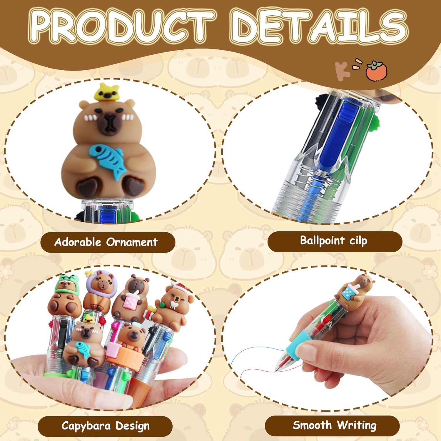 25 Pcs Capybara Party Favor Multicolor Pen|4-in-1 Cute Multicolor Cartoon Ballpoint Pens|Cartoon Bulk Kawaii Capybara Shape Cool Ballpoint Pens |Capybara Party Favors Pens & Fun Gifts
