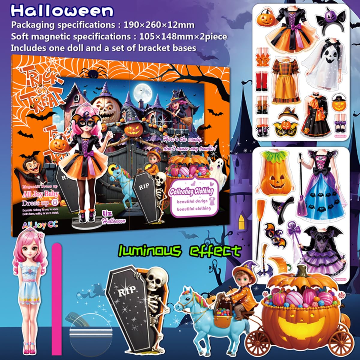 Halloween Magnetisches Anziehpuppen Set Basteln Spielzeug für Kinder 3-8 Dunkle licht-Sticker mit Puppe und Kostümen