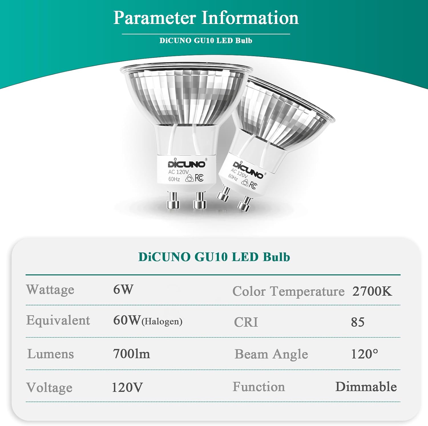 DiCUNO GU10 LED Bulb Dimmable, 60W Equivalent, High Brightness 700LM, MR16 GU10 LED Bulb for Track Lighting, 120V 6W Light with 120° Beam for Kitchen, Range Hood, Pack of 10