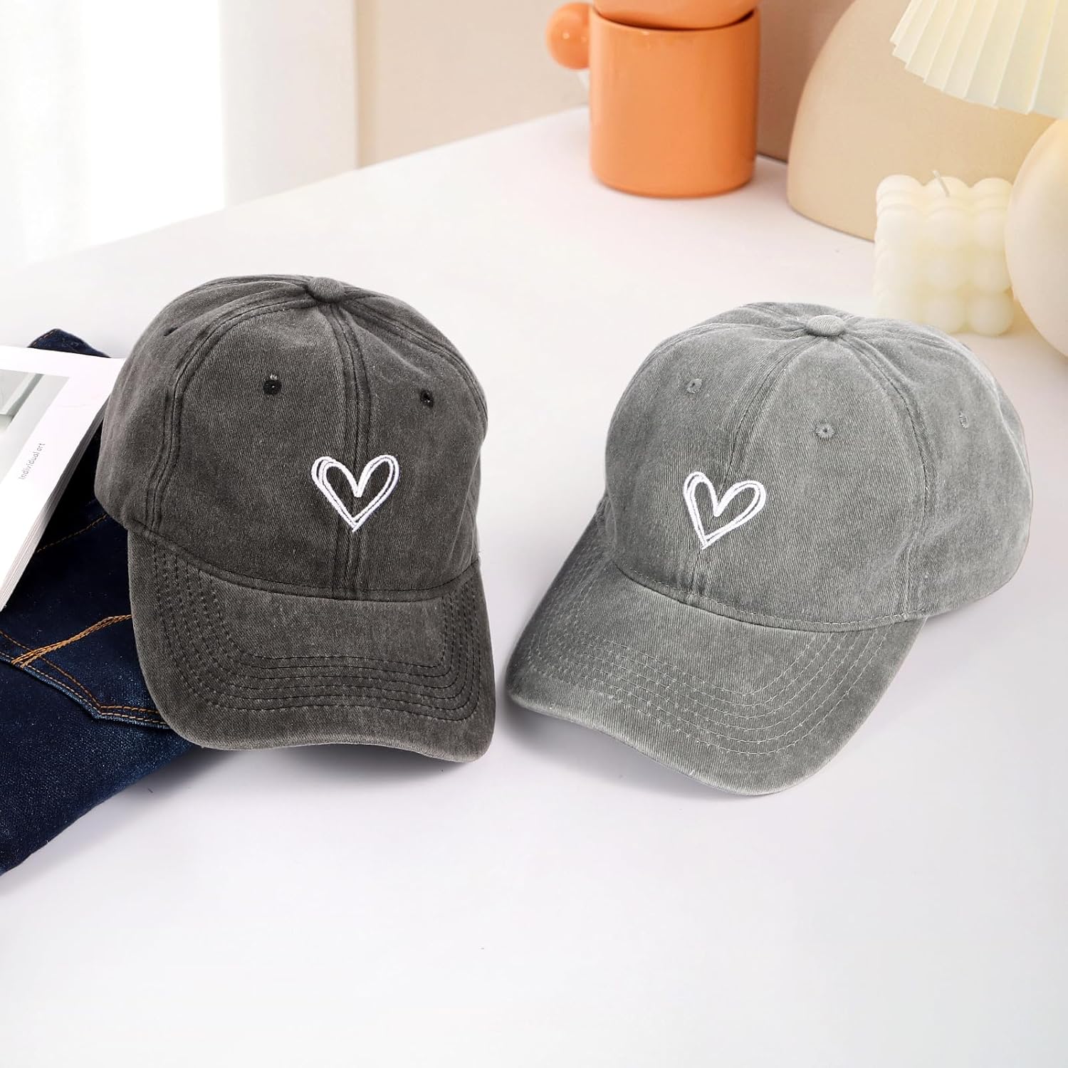 2 Pack Heart Baseball Caps for Women Men, Cute Adjustable Washed Sun Hats for Outdoor Running Golf - Image 4