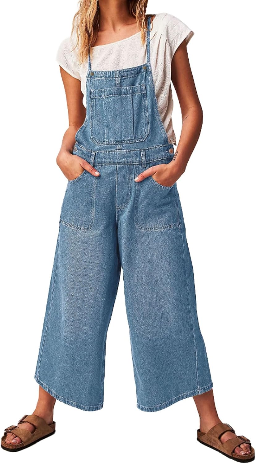 CHARTOU Women Wide Leg Back Tie Denim Bib Overall Jumpsuit Y2k Baggy Cropped Cargo Jeans Pants with Pockets