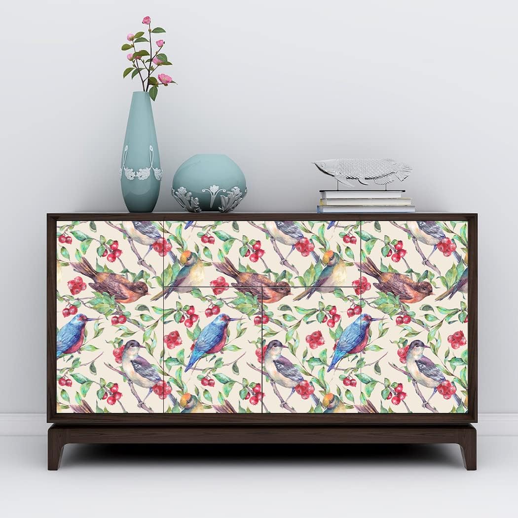 Leaf Wallpaper Peel and Stick Birds Wallpaper Vintage Removable Contact Paper Red Fruit Self Adhesive Wall Paper for Bedroom Bathroom Cabinet Drawers 17.7in x 9.8ft