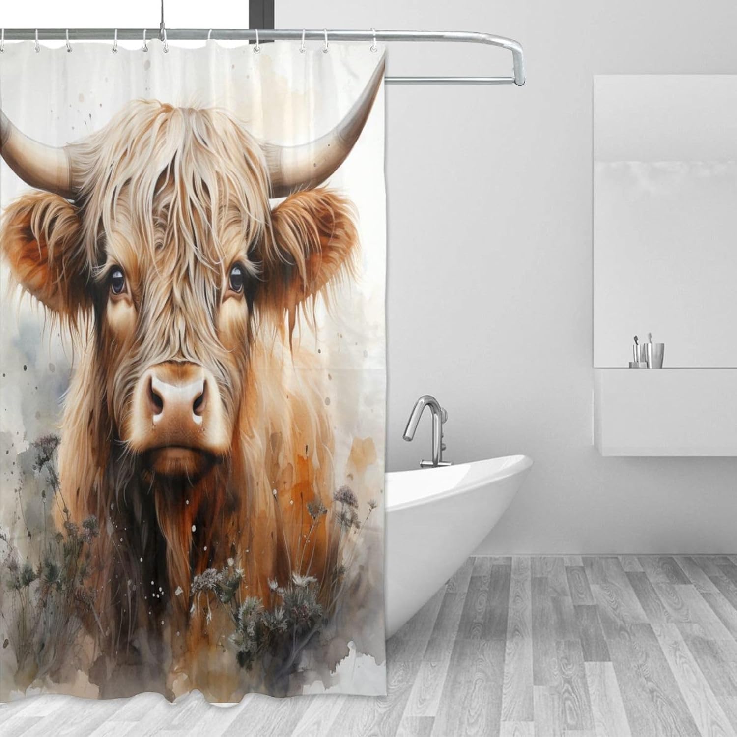 Highland Cow Shower Curtain, Brown Watercolor Boho Shower Curtain Set, Abstract Farmhouse Fabric Bathroom Curtains with 12 Hooks 72x72in YLADW1731