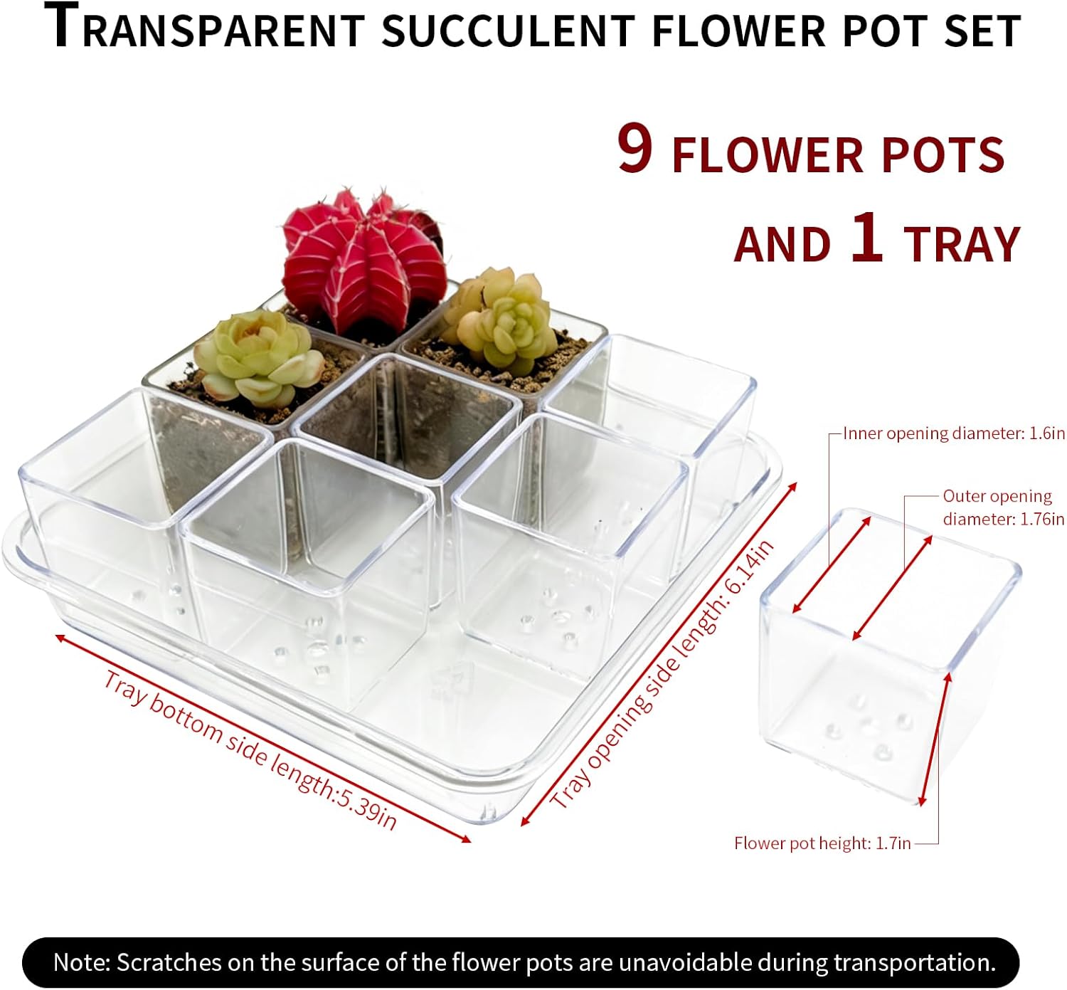 9pcs Mini Square Flower Pots with Tray, 1.7in Clear Plastic Planter with Drainage Hole - Lightweight Indoor Desktop Nursery Decorative Pot for Succulents, Cactus, Seedlings, Home Greenery