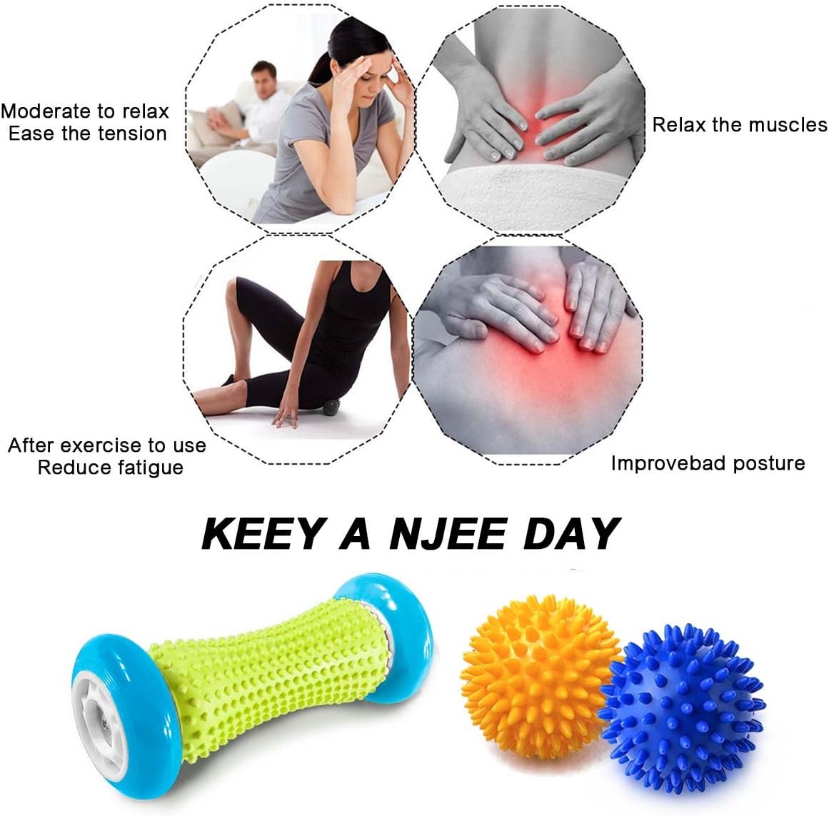 Pasnity Foot Massage Roller Spiky Ball Foot Pain Relief Massager Relieve Plantar Fasciitis and Heel Foot Arch Pain and Relax Shoulder Foot Back Leg Hand, Included 1 Roller & 2 Spiky Balls (Light Blue) : Health & Household