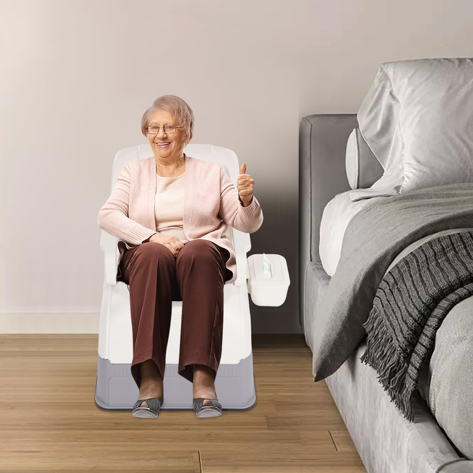Sedia da comodino per WC con scatola di carta, grande capacità, con due coperchi, braccioli portatili per adulti e schienale a balze antiodore