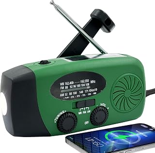 SonicRapid Emergency Hand Crank NOAA Weather Radio: Solar/USB 2000mAh Phone Charger, 3-Mode Flashlight, SOS Siren for Camping Survival (Army Green)