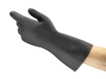 Ansell AlphaTec 87-118 Chemical Resistant Gloves in Latex, Heavy Duty Protection against Splash, Acids and Solvents, Reusable Rubber Latex Gloves, Cotton Flocked, Black, Size L 1 Pair