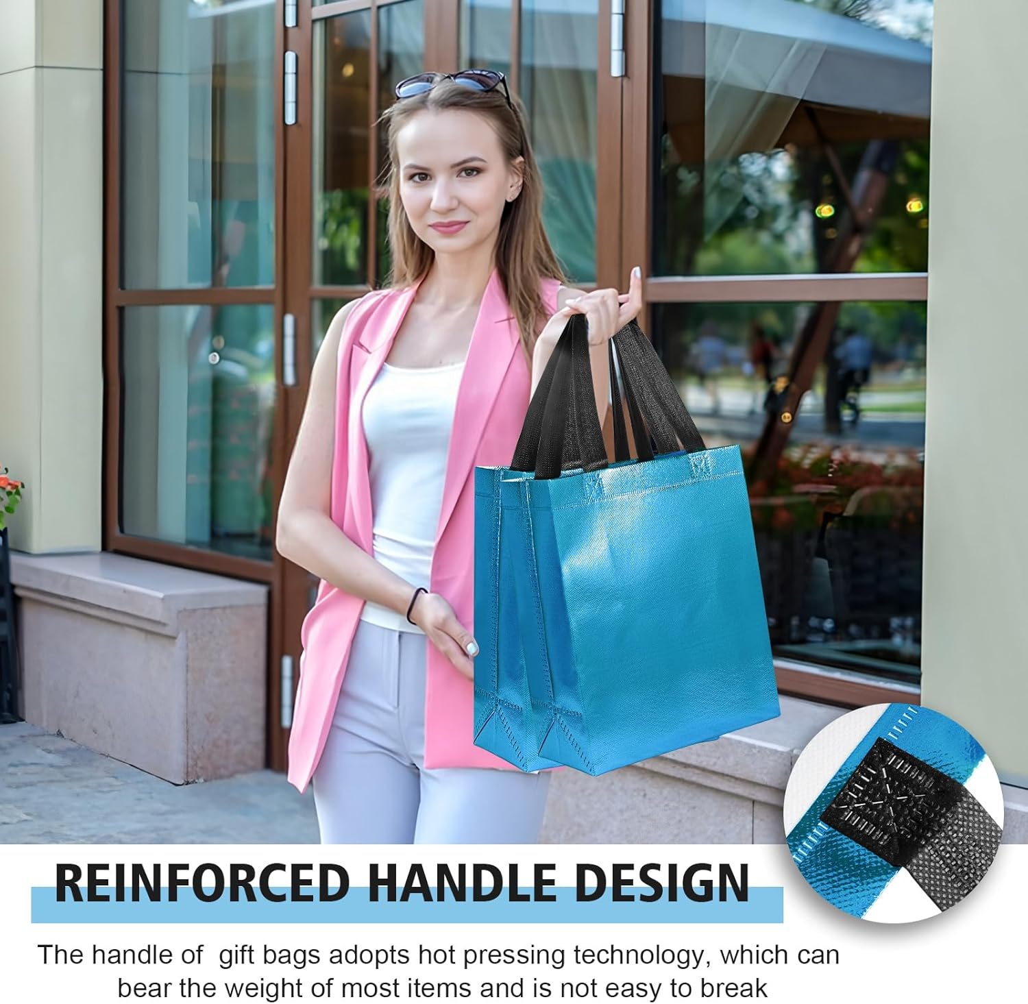 【18-Pack Water Blue】 Reusable Gift Bags with Handles, Bulk Goodie Bags for Valentines Day, Baby Shower, Birthday, Party Favors, Wedding, Holiday Goodie | 8x4x10 Inches | 18 Premium Water Blue Bag | Eco-Friendly - Image 4