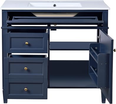 36 Inch Navy Blue Bathroom Vanity with Sink,Solid Wood Frame,Gold Knobs