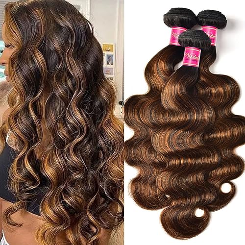 Nadula 3 manojos de cabello humano ondulado marrón 12A balayage ombré, extensiones de cabello humano brasileño Remy con reflejos marrón chocolate,