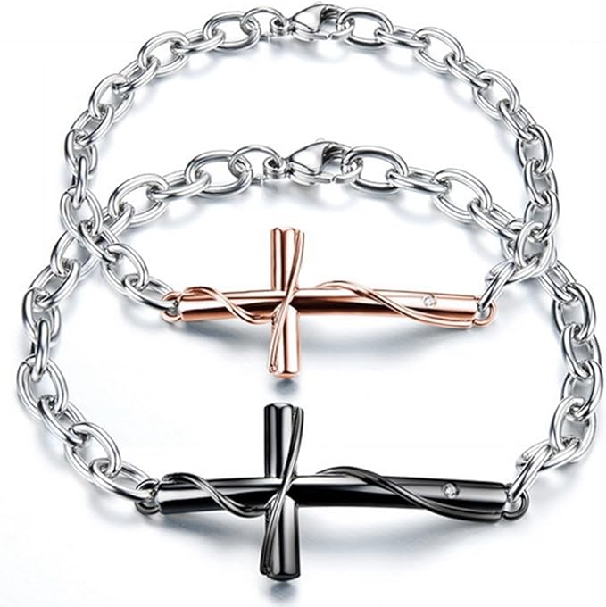 Amazon 2点1セット バングル カップル ブレスレット ペア レディース メンズ 十字 キリスト教 男女兼用 Czダイヤモンド入り サージカルステンレス シンプル 純粋の愛 高校生 ファッション小物 通販