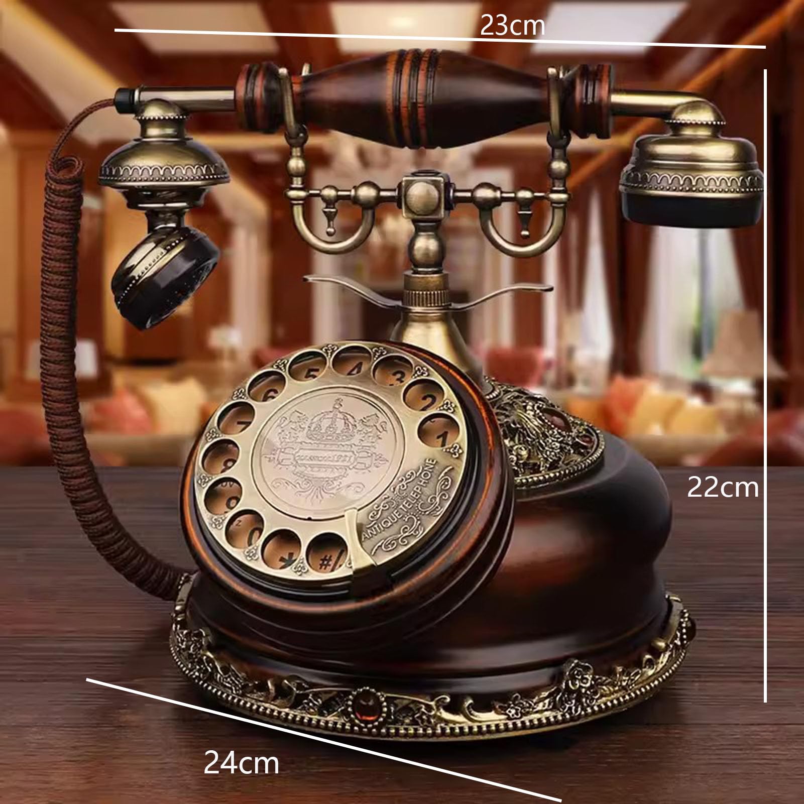 Klasyczny, europejski, antyczny telefon stacjonarny, retro, z tarczą obrotową, telefon stacjonarny z lat 20. XX wieku, z funkcją ponownego wybierania numeru, do biura i wystroju domu