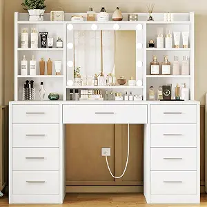 FIONESO Vanity Desk with Mirror and Lights, Power Outlet, Makeup Vanity with 9 Drawers & 6 Open Shelves, 3 Lighting Modes, Brightness Adjustable, White
