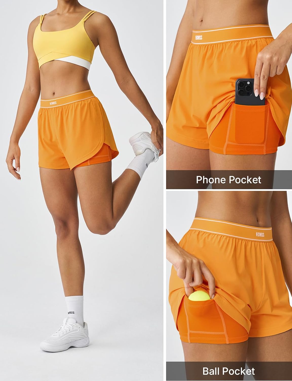 K-Swiss Women's 2 in 1 Athletic Running Shorts with Liner Pockets for Gym Workout Tennis