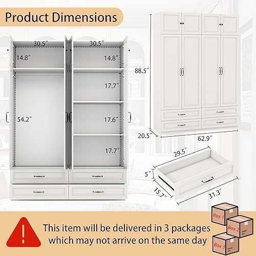 Miniatura 2 de Armario blanco con cajones: Armarios de dormitorio con barra para colgar, armario de madera para colgar ropa, armarios altos con puertas y estantes