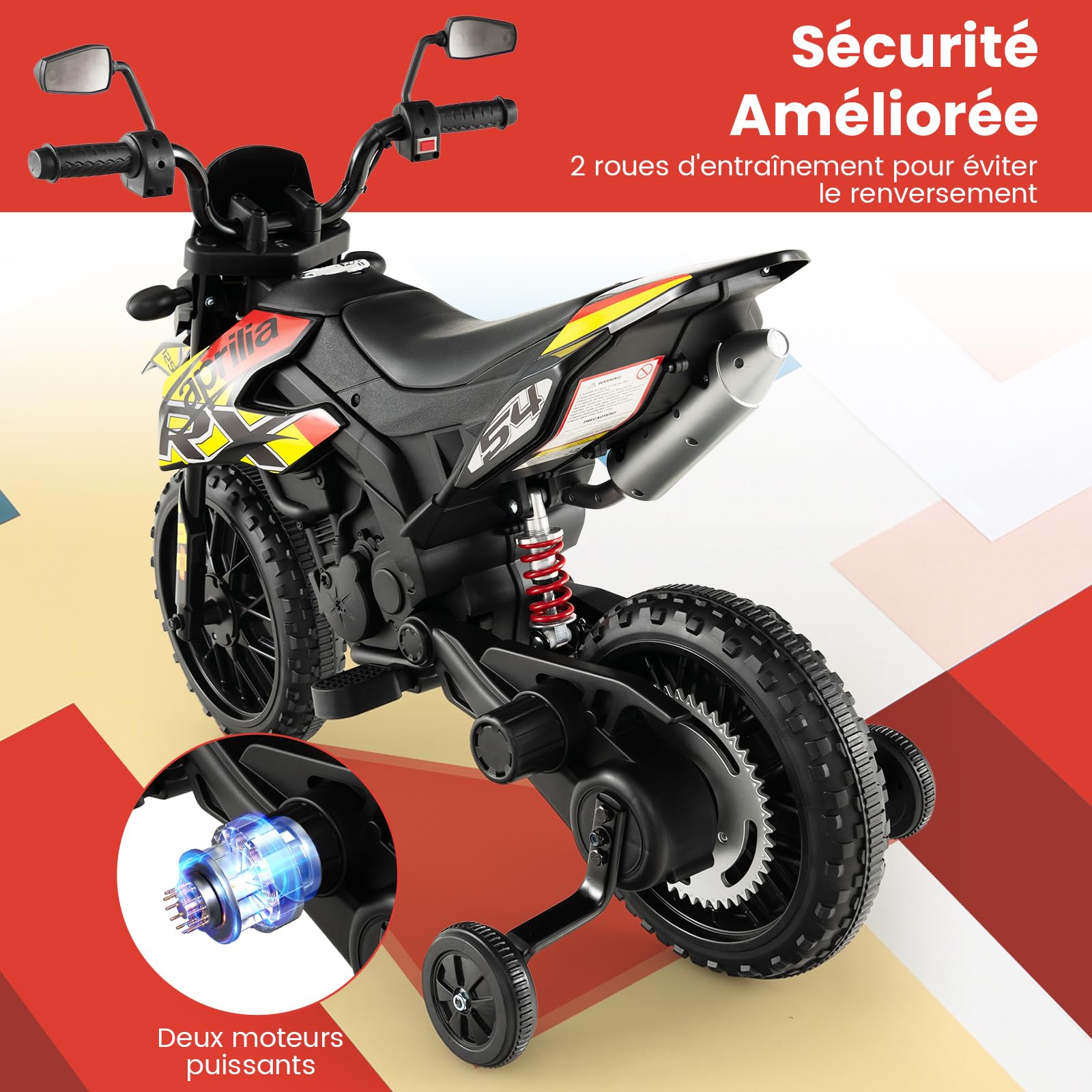 COSTWAY Aprilia Moto Électrique pour Enfants 3-8 Ans avec Musique & Lumière, Voiture Électrique Enfants avec 2 Roues d'Entraînement, Vitesse 5,5-6 km/h, Charge 30KG, 106,5 x 56 x 80CM…