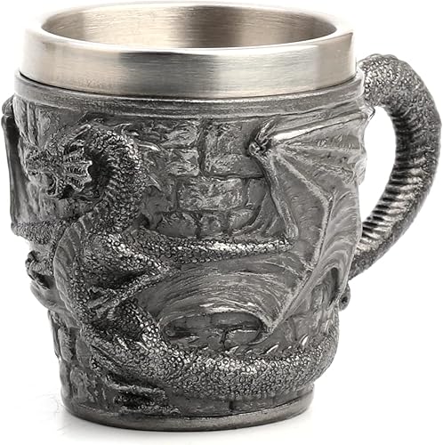 Veronese Design Taza de café de acero inoxidable con diseño de dragón de castillo de 2 onzas, escultura de resina