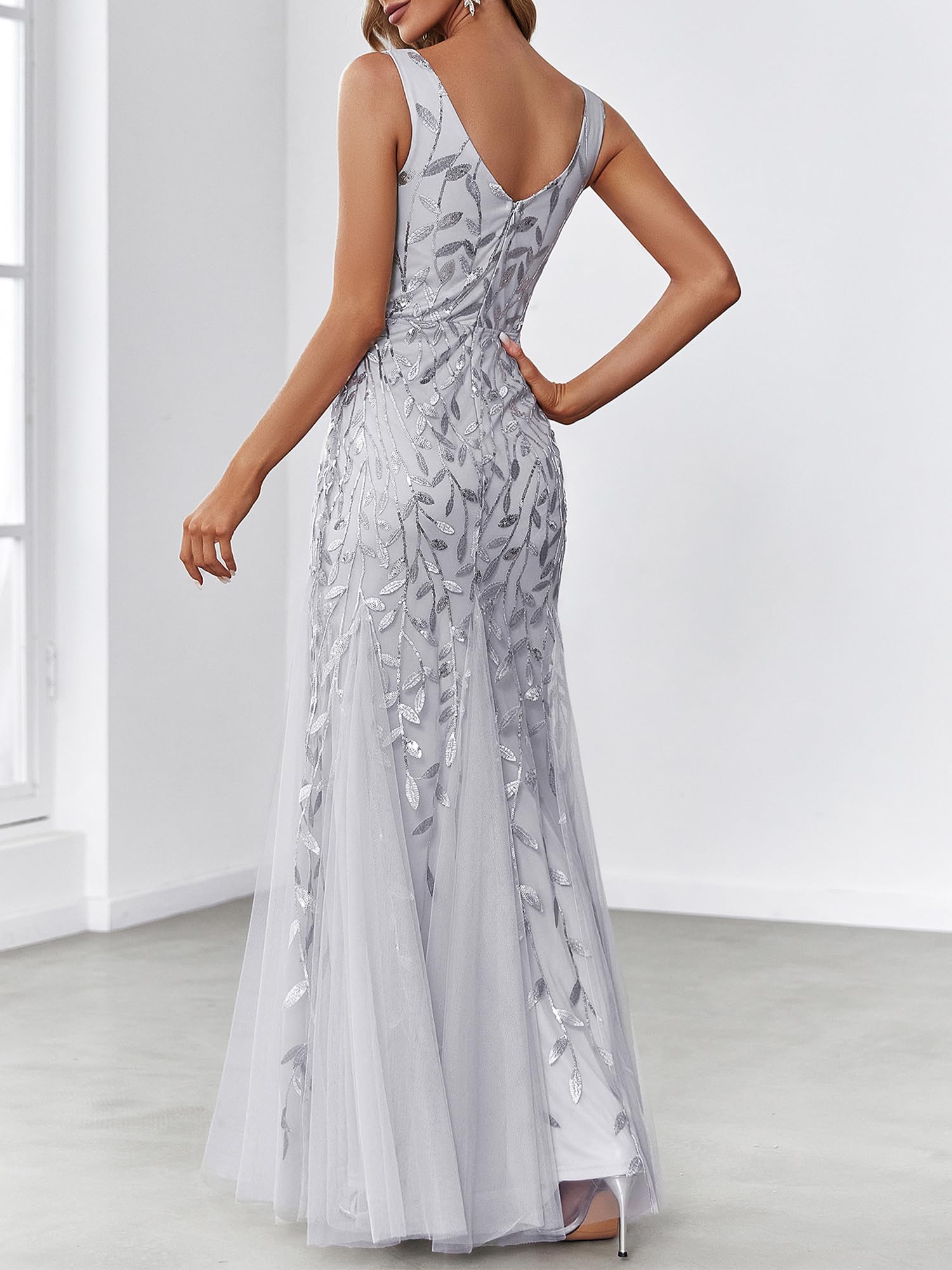 Ever-Pretty Abito da sera lungo da donna con paillettes tulle doppio scollo a V senza maniche sirena 07886