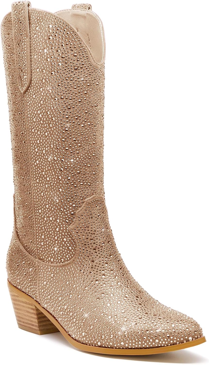 Rhinestone Mid Calf Cowboy Boots for Women Sparkle Cowgirl boots bling Pointed Toe Low Chunky Stacked Heel Pull On Tabs with Side Zipper Wide Glitter Fashion Party Retro Classic Boots