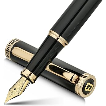 BEILUNER Black Fountain Pen Luxury Writing Instrument with 24K Gold Accents & Gold-Plated Nib Fine Elegant and Reliable Gift Set Including Converter for Men and Women