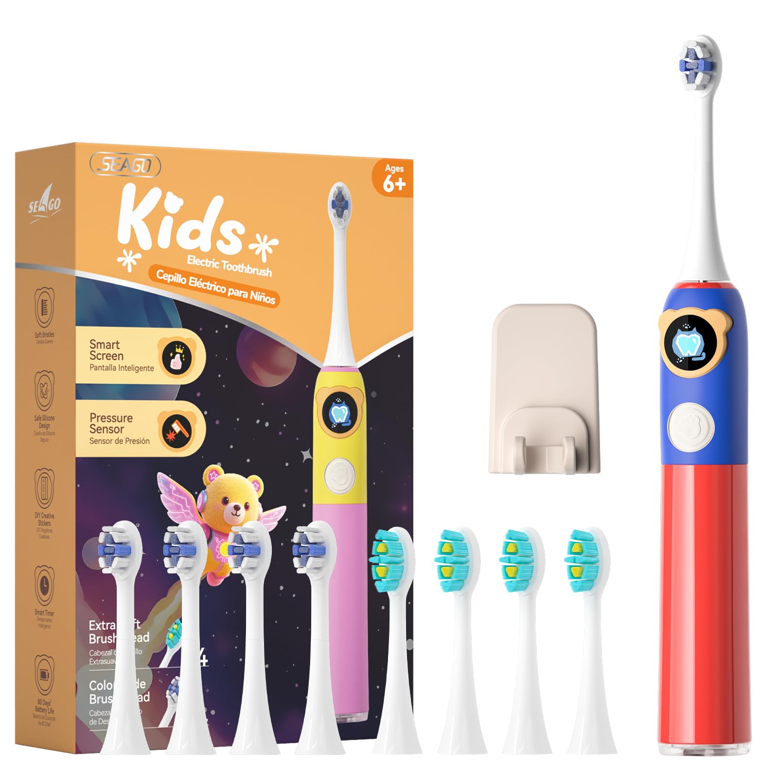 Seago Cepillo eléctrico para niños con pantalla inteligente para mayores de 6 años, cepillo de dientes sónico y sensor de presión, temporizador de 2 minutos, mango de silicona,SG2772, Azul