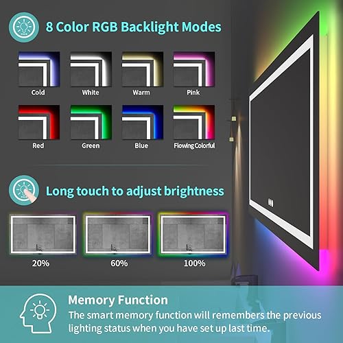 Miniatura 3 de JONKEAN Espejo de baño LED de 60 x 36 pulgadas con luces, espejo LED antivaho montado en la pared para baño, espejos de baño rectangulares con