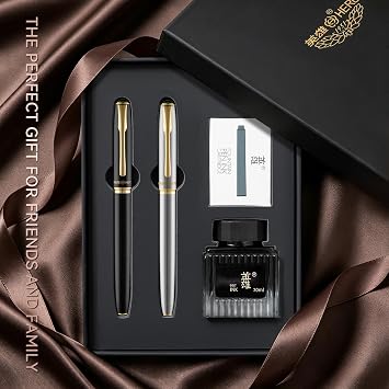 HERO Fountain Pen Set 2 Counts, Gloss Black & Silver, Fine Nib, Smooth Writing Pen with 5 Ink Cartridges & 30ml Ink Bottle, Luxury Gift Box for Journaling, Calligraphy & Daily Use