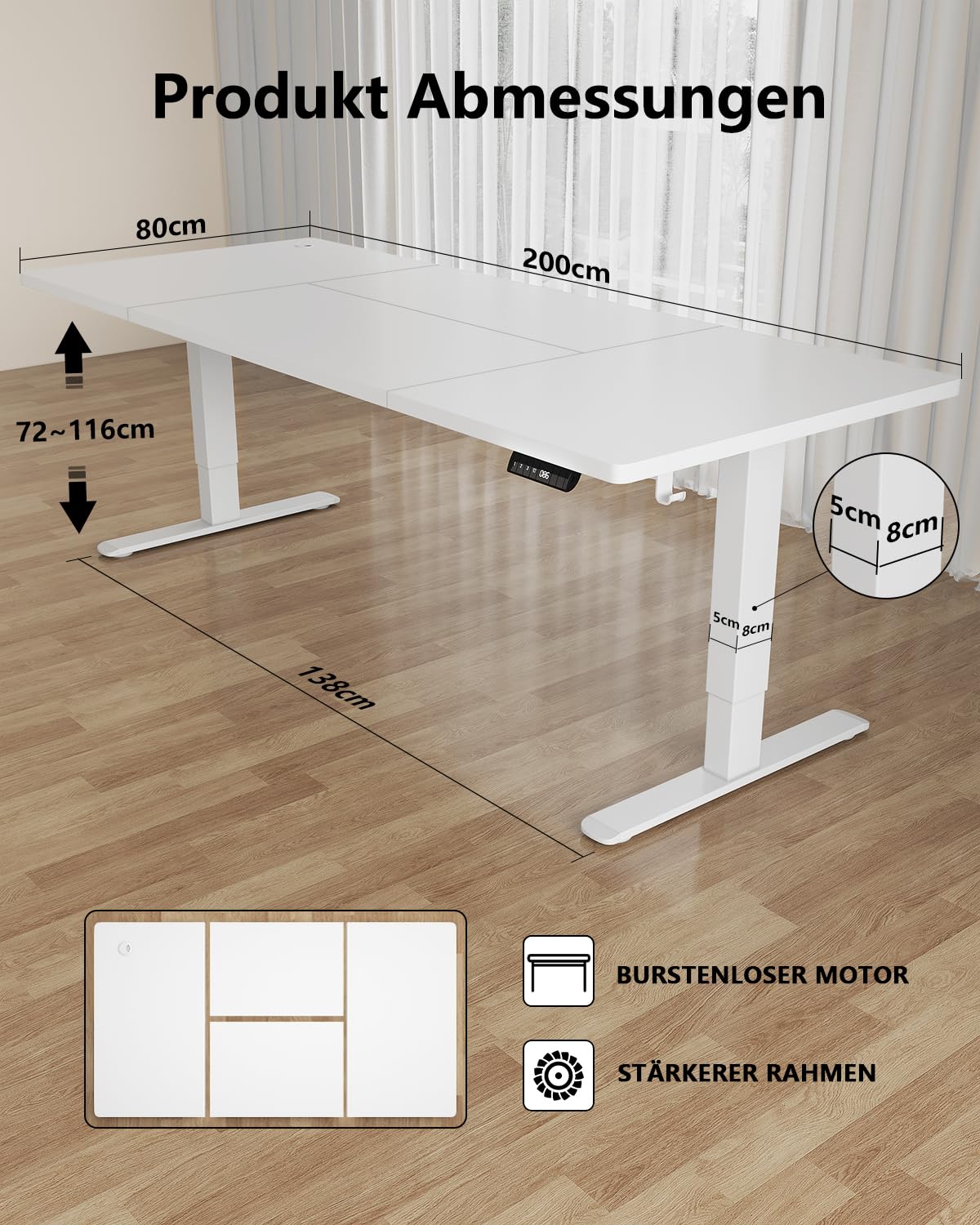 Flamaker Höhenverstellbarer Schreibtisch 200 x 80 cm mit 18 mm Tischplatte | Elektrisch Höhenverstellbarer Bürotisch mit Memory-Funktion, Computertisch mit Kabelwannefür Büro und Homeoffice, Weiß