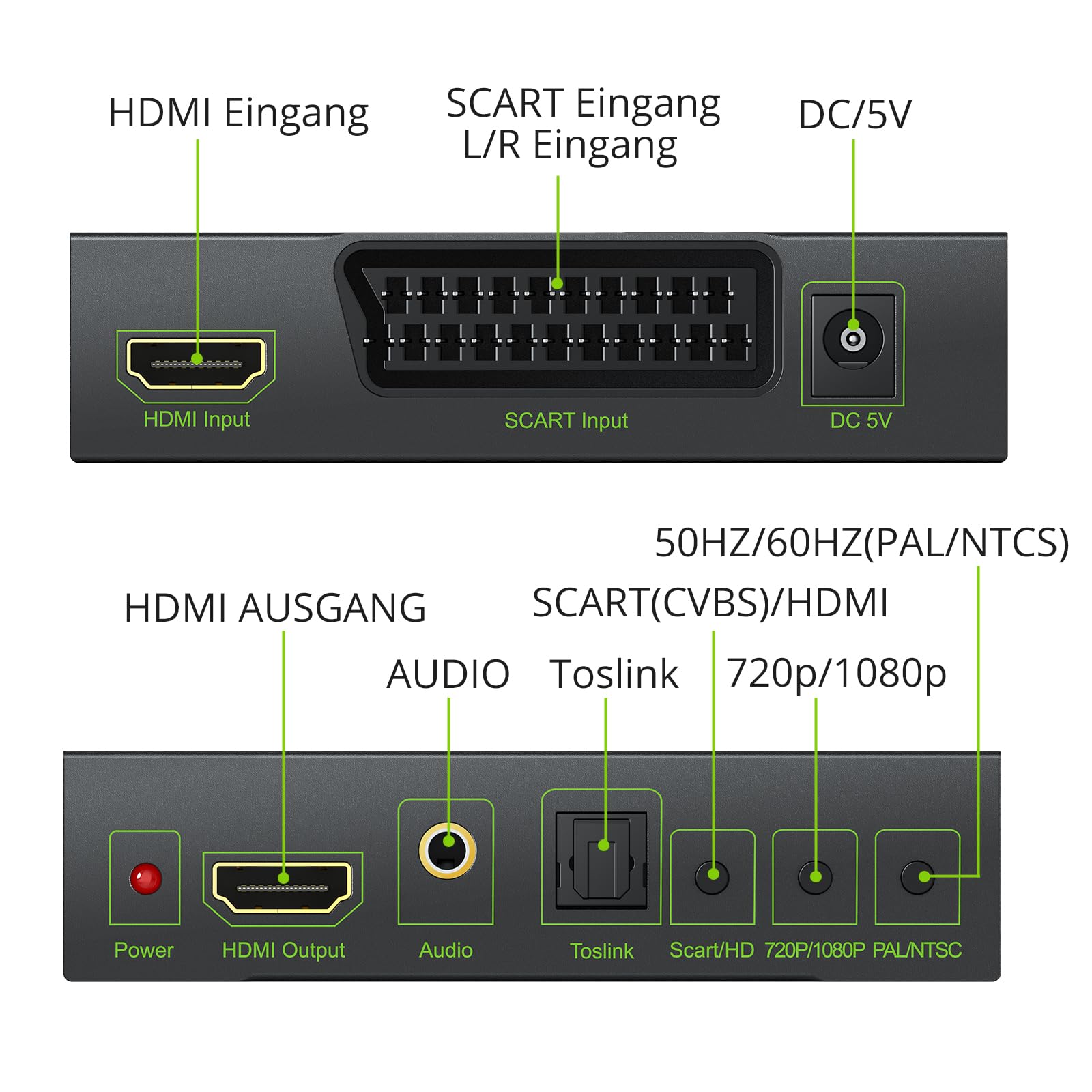 LiNKFOR Scart zu HDMI 720p/1080p Konverter mit 3,5 mm Kopfhörer und SPDIF-Stereo-Audio NTSC und PAL kompatibel für HDTV STB PS3 PS4 Sky Blu-Ray DVD mit Adapter