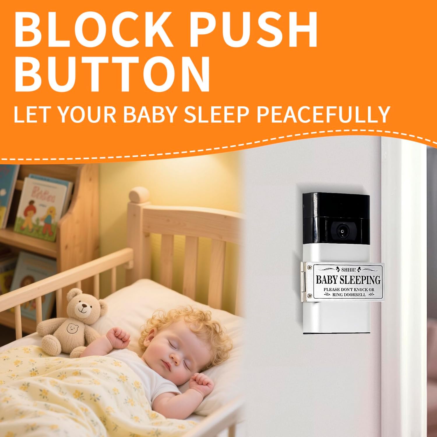 Baby Sleeping Don‘t Knock or Ring Doorbell，Rotatable No Soliciting Doorbell Cover. Metal sign for front door/house/Home. Great gift for moms with sleeping babies，Easy to install.，Very effective.