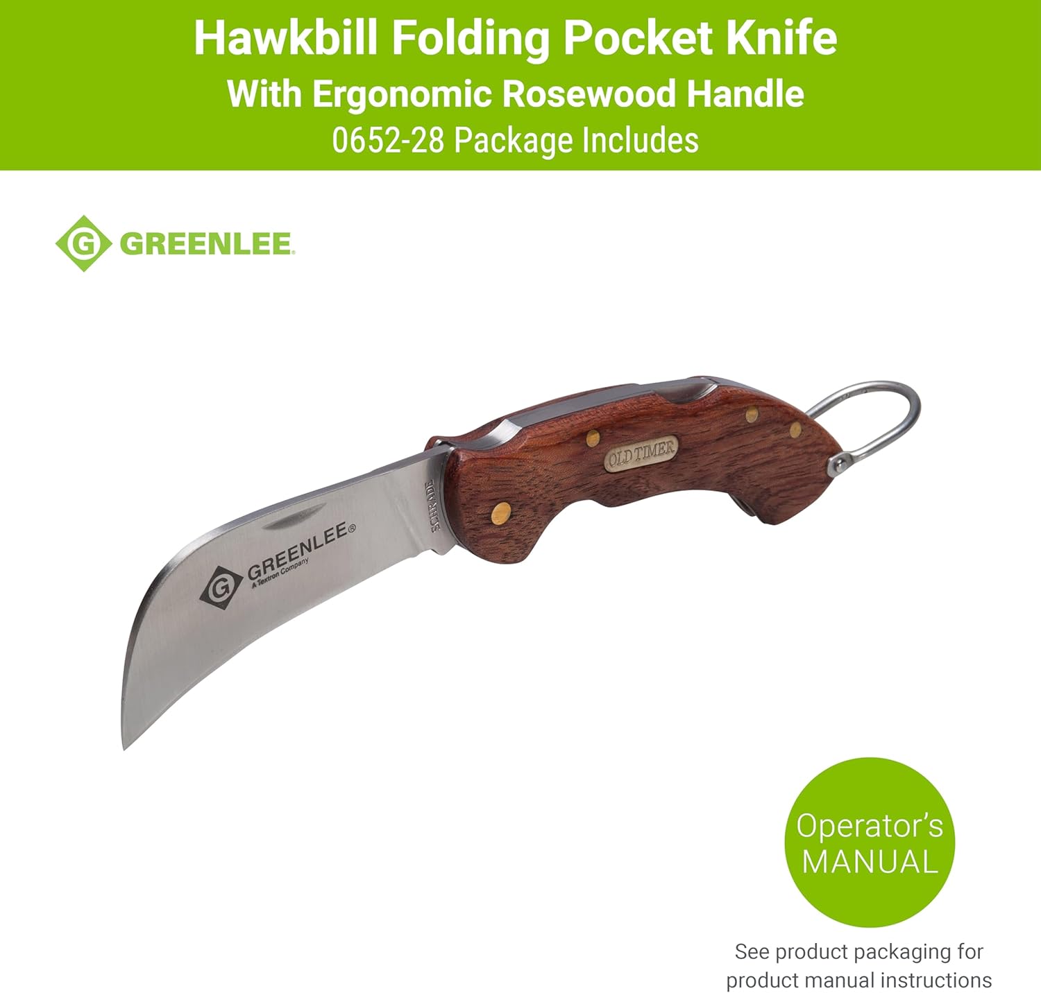 Greenlee 0652-28 Hawkbill Folding Pocket Knife with Wood Handle, Silver/Brown