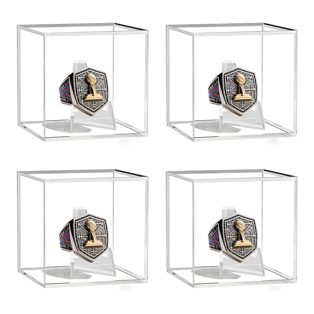 4 Pack Championship Ring Display Cases with Stands, 2.5 Square Clear Acrylic Boxes for Baseball Softball Rings, Medals, Coins & Memorabilia